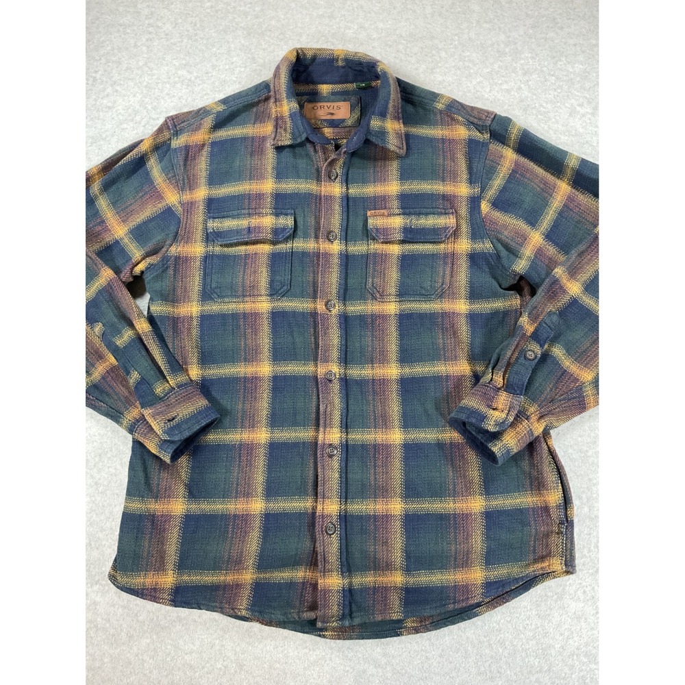 Orvis Mens Large Green Blue Plaid Heavyweight Cotton Flannel Button Down 2806